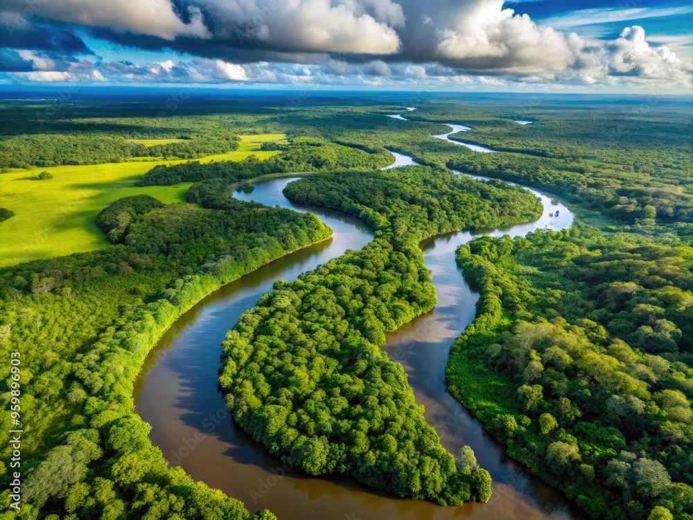 Aerial View Of Meandering Rivers Flowing Through Lush Tropical Rainforests And Wetlands In Brazil, South America Aerial View Of Meandering Rivers Flowing Through Lush Tropical Rainforests And Wetlands In Brazil, South America