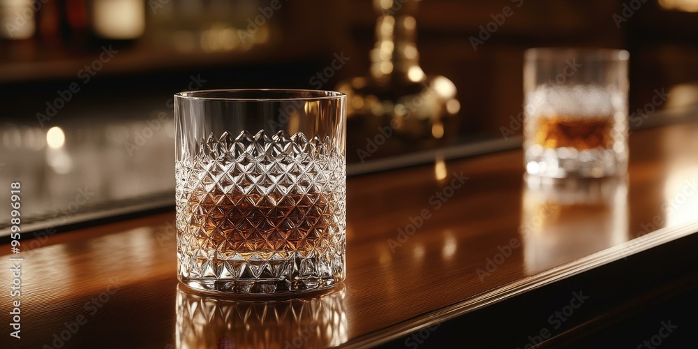 A glass of whiskey on a bar counter. A glass of whiskey on a bar counter.