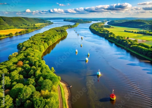 Aerial View Of Mississippi River Flowing Through Verdant Landscape, Marked With Navigational Buoys And Detailed Geographical Annotations. photo