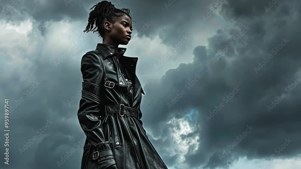 A model showcases a stylish black trench coat against a dramatic cloudy sky in an outdoor setting