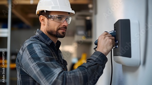 Electrician Installing EV Charger on a Residential Garage Wall: A certified male electrician working on the installation of an EV charger in a modern residential garage, using tools to connect wires. photo