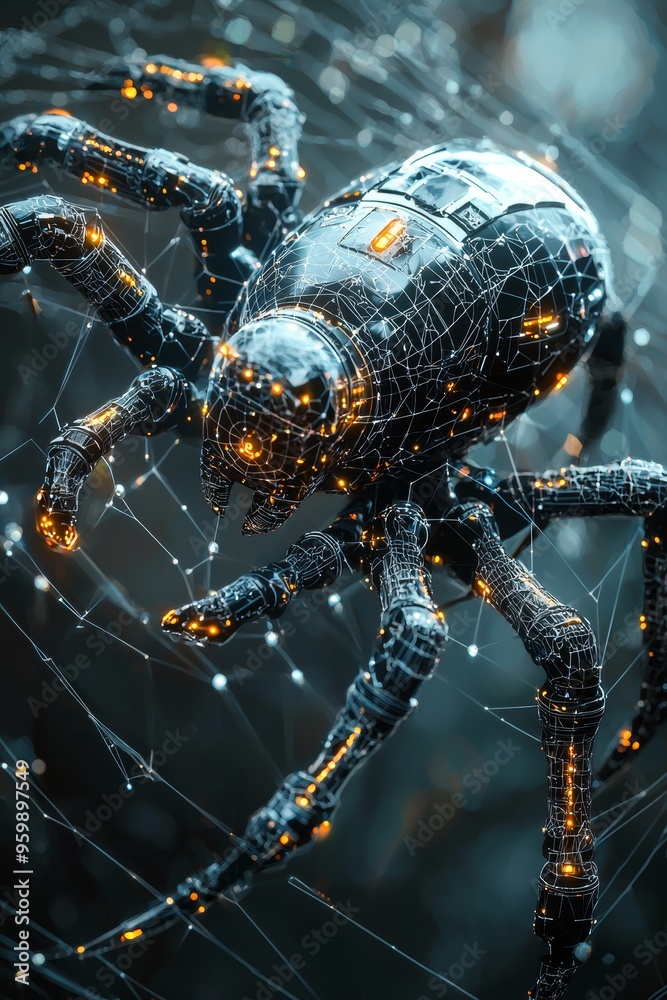 Fototapeta premium A 3D digital spider web with a search engine robot navigating it, symbolizing the web-crawling function of search engines