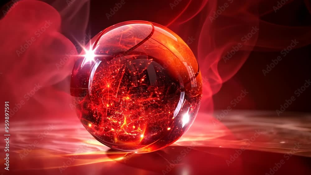 Glowing red crystal orb resting on a reflective surface surrounded by swirling mist and vibrant light effects Glowing red crystal orb resting on a reflective surface surrounded by swirling mist and vibrant light effects