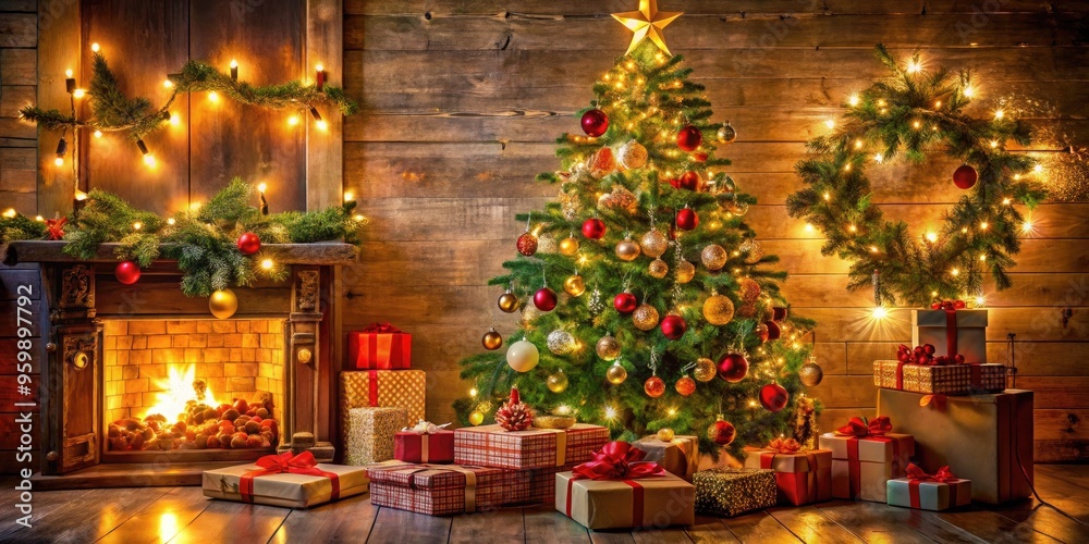 A Festive Christmas Scene With A Decorated Tree, Warm Lights, And Gifts Wrapped In Colorful Paper. A Festive Christmas Scene With A Decorated Tree, Warm Lights, And Gifts Wrapped In Colorful Paper.