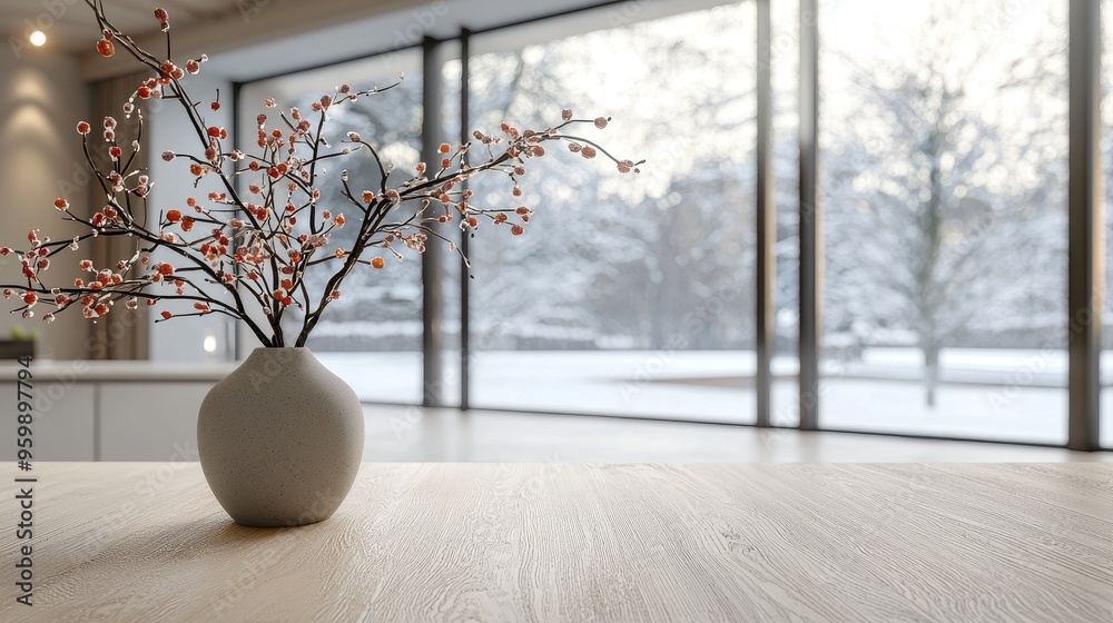 A wooden table top or shelf with minimalistic modern vases arranged over a blurred modern kitchen with a panoramic window, white interior decor A wooden table top or shelf with minimalistic modern vases arranged over a blurred modern kitchen with a panoramic window, white interior decor