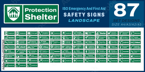 87 set iso emergency and first aid safety signs v21 protection shelter landscape size 1/2 a4,a3,a2,a1	
