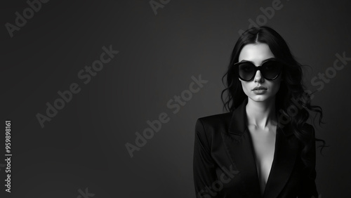 elegant business woman with blazer and sunglasses on gray background photo