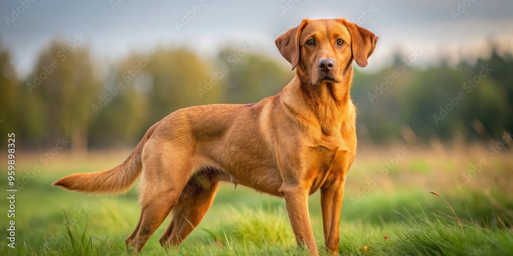 A Full-Grown Red Fox Labrador Stands Proudly In A Field, Its Piercing Gaze And Bushy Tail Capturing The Moment. A Full-Grown Red Fox Labrador Stands Proudly In A Field, Its Piercing Gaze And Bushy Tail Capturing The Moment.