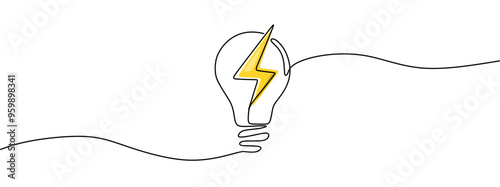 Lightning electric power in continuous one line art drawing. Flash bolt with light bulb.