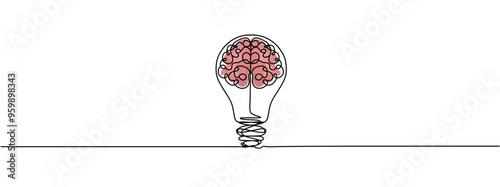 Single continuous line drawing of light bulb with human brain. Creative brain Idea concept with light bulb and brain