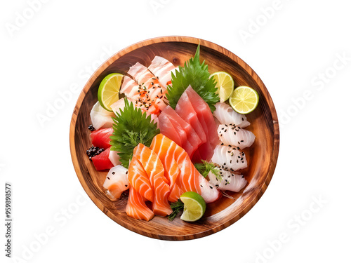 Sashimi in wooden plate. Isolated transparent background. Top view, flat lay
