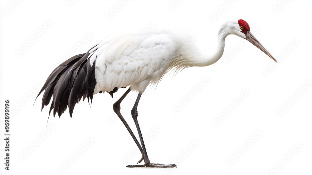 Obraz premium A minimalistic image featuring a bird in sharp focus against a clean white background. Ideal for projects that require simplicity and attention to nature, wildlife, or flight themes.