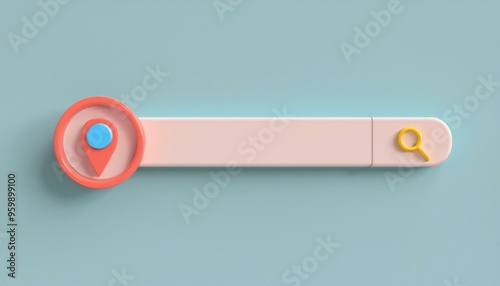 A creative and modern location search bar design featuring a map pin and magnifying glass on a soft pastel background. photo