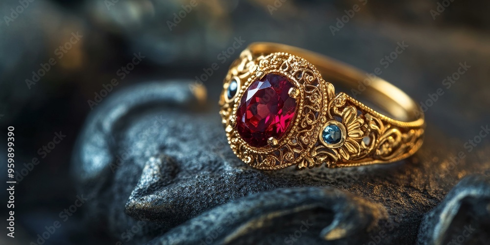 Gold ring with red gemstone on dark background. Gold ring with red gemstone on dark background.
