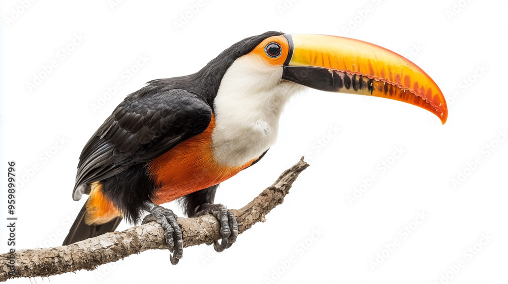 Fototapeta premium A minimalistic image featuring a bird in sharp focus against a clean white background. Ideal for projects that require simplicity and attention to nature, wildlife, or flight themes.
