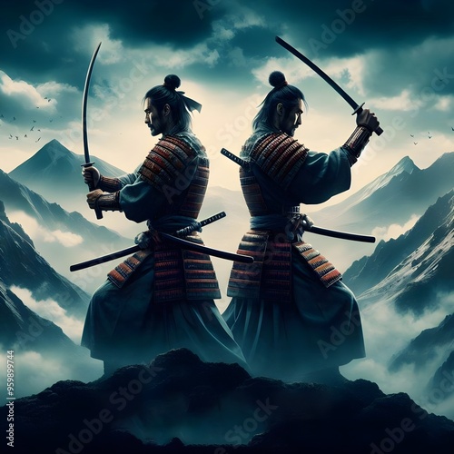 Two samurai warriors in armor stand back-to-back, swords drawn, amidst a dramatic mountainous landscape for motivational qoutes
