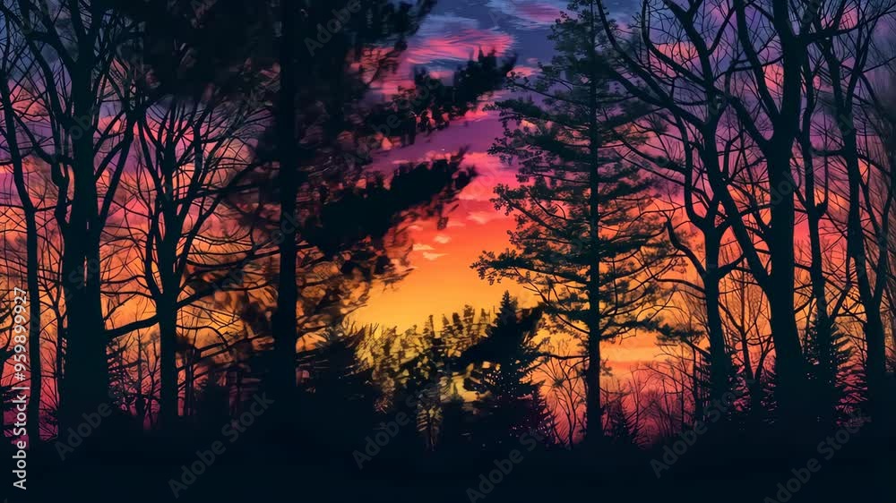 sunset through the forest with vibrant sky and silhouettes, tranquility and nature concept sunset through the forest with vibrant sky and silhouettes, tranquility and nature concept