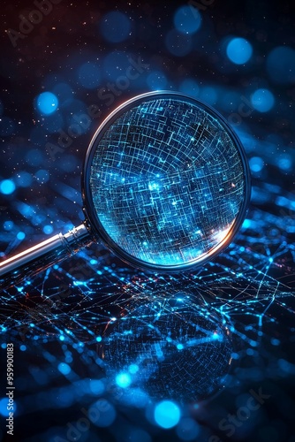 A 3D magnifying glass hovering over a digital network, revealing hidden data, symbolizing search engine precision