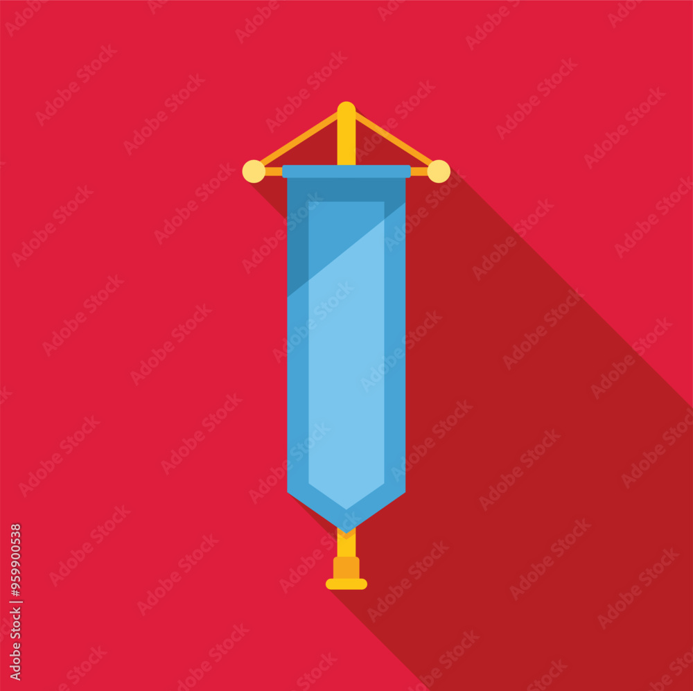 Blue vertical banner hanging on a wall casting a long shadow over a red background