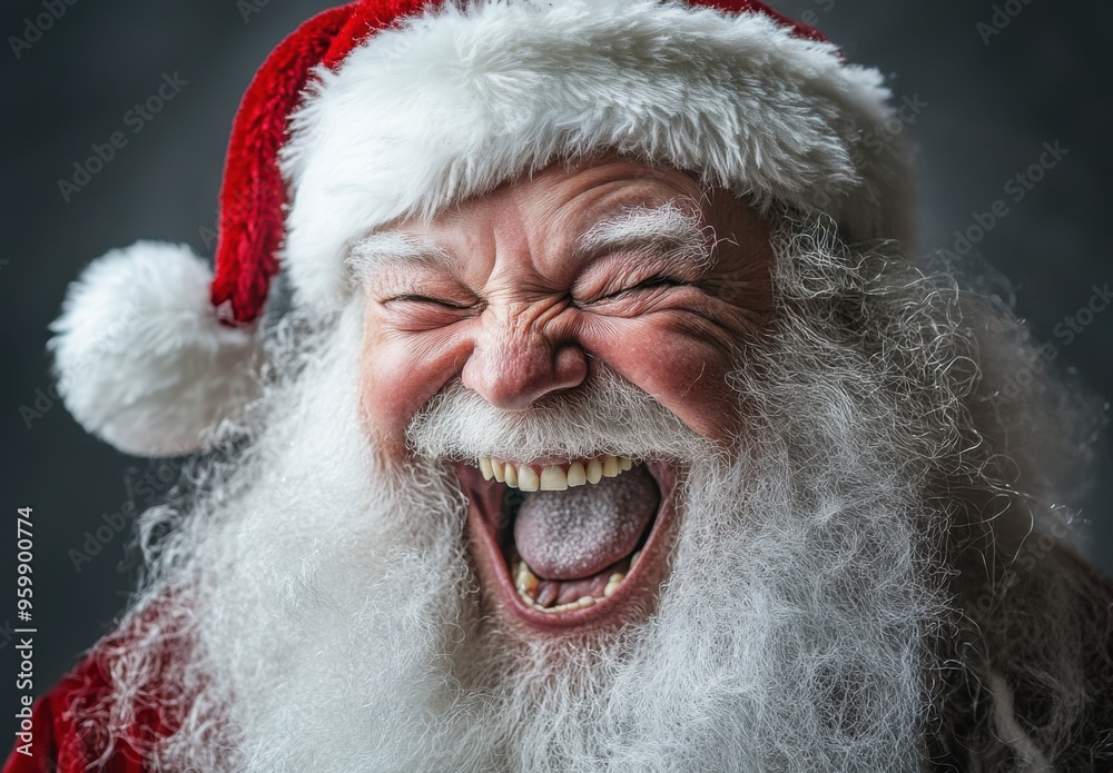 Close-up portrait of Santa Claus laughing out loud, funny face, open mouth and tongue hanging out. taken in studio with soft lighting, isolated on dark grey background. Close-up portrait of Santa Claus laughing out loud, funny face, open mouth and tongue hanging out. taken in studio with soft lighting, isolated on dark grey background.