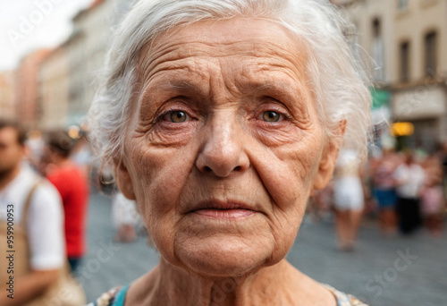 desperate facial expression of an old woman, grandmother, grey w