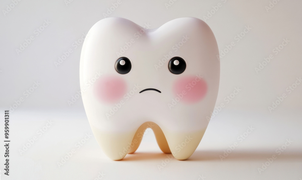 An adorable sad cartoon tooth with big eyes and a disappointed expression. Light gradient background. Concept of dental health and hygiene for kids An adorable sad cartoon tooth with big eyes and a disappointed expression. Light gradient background. Concept of dental health and hygiene for kids