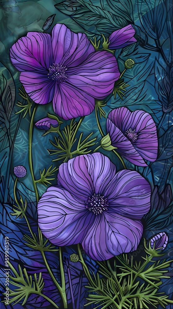 purple flowers on a green branch pattern illustration poster background purple flowers on a green branch pattern illustration poster background