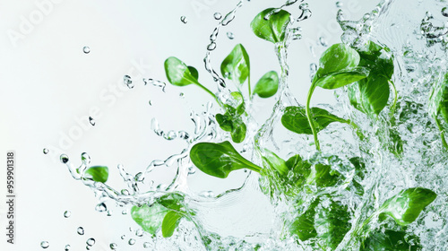 Fresh microgreen leaves splashing in clear water on a light background. Concept of freshness food, healthy lifestyle and vegan