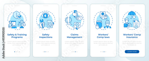 Safe work environment blue onboarding mobile app screen. Walkthrough 5 steps editable graphic instructions with linear concepts. UI, UX, GUI template. Montserrat SemiBold, Regular fonts used