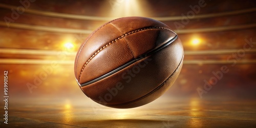 A leather-bound ball rebounds high in mid-air, its textured surface and laces prominently displayed, against a blurred background with a subtle yellow tone and shadows. photo