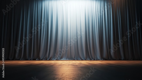 A well-lit stage with curtains opened to the sides reveals an empty platform ready for performance, suggesting moments of anticipation, creativity, and potential artistic expression. photo