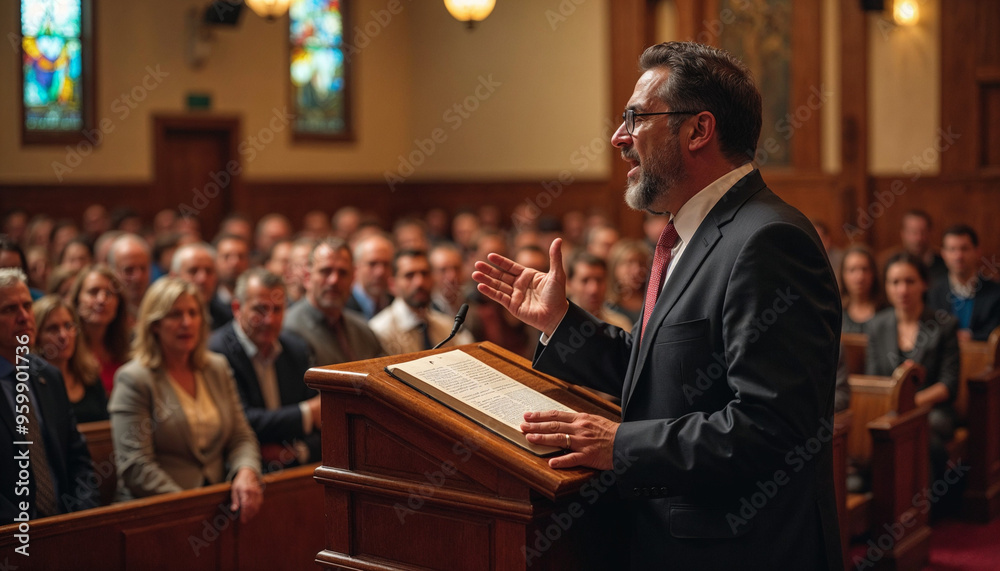 Obraz premium Preacher delivering a Gospel message passionately from the pulpit in a warm church setting.
