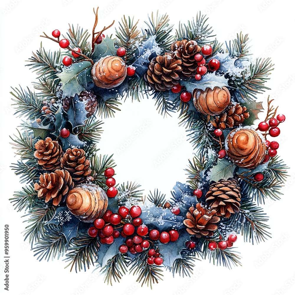 Retro Merry Christmas round wreath with spruce, green and blue fir twigs, pine cones, red holly berry for Xmas decoration. Beautiful Winter Christmas illustration in watercolor style white background Retro Merry Christmas round wreath with spruce, green and blue fir twigs, pine cones, red holly berry for Xmas decoration. Beautiful Winter Christmas illustration in watercolor style white background