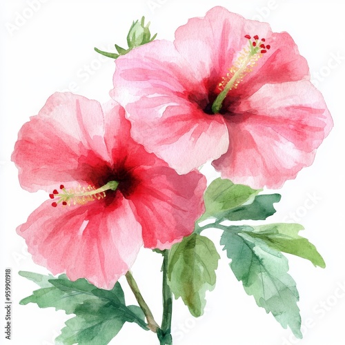 Hibiscus blooms, also known as the rose of Althea or Sharon, rose mallow, are shown in this watercolor illustration.