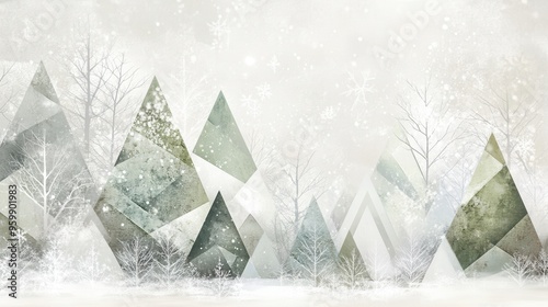 Abstract geometric shapes represent Christmas trees in a tranquil winter forest blanketed by soft, falling snowflakes. Generative AI