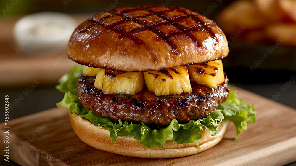 sweet and savory teriyaki burger featuring a juicy beef patty, grilled pineapple, and fresh lettuce, all topped with mayo sweet and savory teriyaki burger featuring a juicy beef patty, grilled pineapple, and fresh lettuce, all topped with mayo