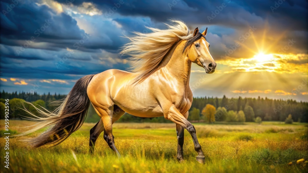 A majestic buckskin horse with a gleaming golden coat and flowing mane stands proudly in a sun-drenched meadow, its muscles rippling beneath its shiny hide. A majestic buckskin horse with a gleaming golden coat and flowing mane stands proudly in a sun-drenched meadow, its muscles rippling beneath its shiny hide.