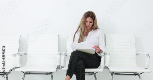 Female manager anxiously anticipates meeting with partners. Lady worker apprehension reflects common challenge of presenting information of startup