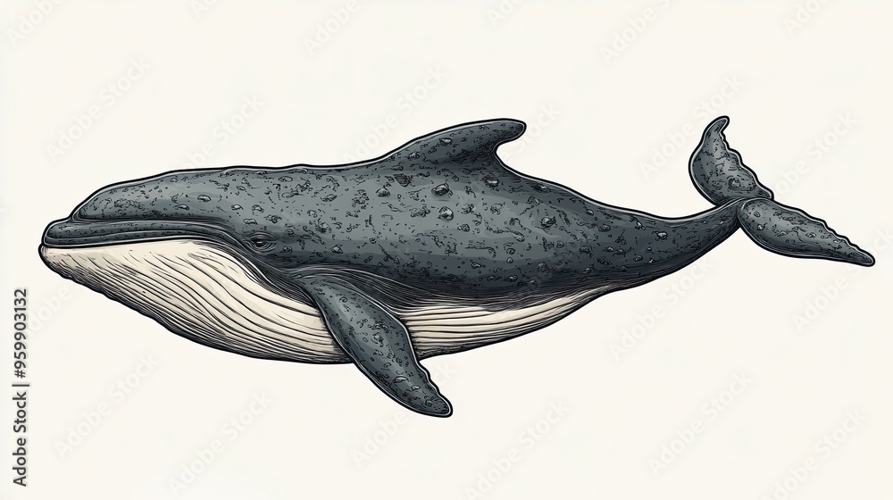 Fototapeta premium Cartoonized large and majestic whale sitting in the ocean depths, underwater scene concept