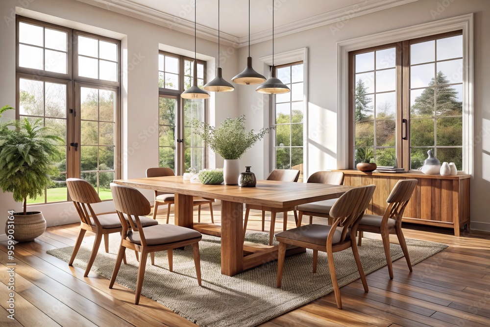 Obraz premium Stylish wood dining table and chairs in a modern rustic dining room with white walls and large windows