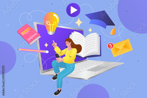 Online education. Distance learning, recorded classes, video tutorial metaphors. online educational. Home education, remote university graduation. e-learning and podcast