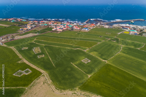 Aerial and spring view of green barley field and red house loofs besides sea at Gapado Island near Seogwipo-si, Jeju-do, South Korea 