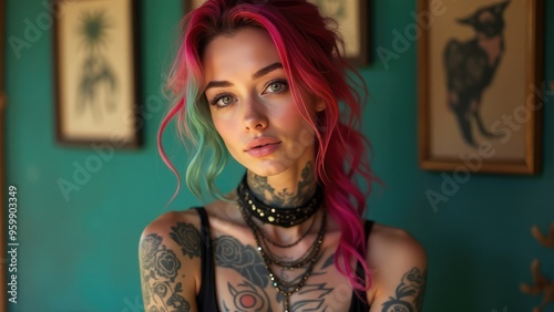 A young woman with colorful hair and tattoos poses indoors against a vibrant wall with vintage artwork in the background. Generative AI