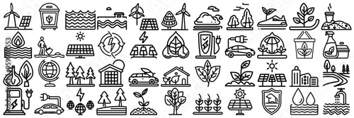 Green energy icon set. Collection of renewable energy, ecology and green electricity icons. Ecology concept. Contains such icons as CO2 neutral, solar, geothermal and wind energy and more.