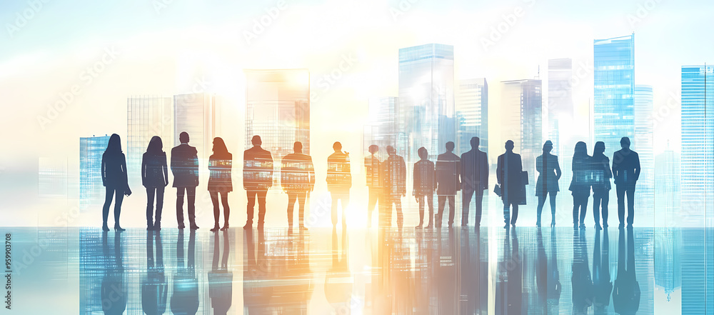 Business team in front of city skyline embracing digital marketing era Business team in front of city skyline embracing digital marketing era
