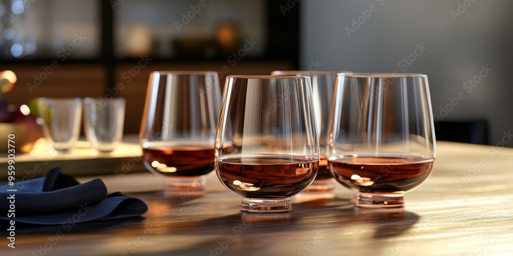 Four glasses of brown liquor on a wooden table.