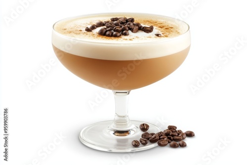 Elegant Espresso Martini Cocktail in a Coupe Glass Garnished with Coffee Beans and Cocoa Powder