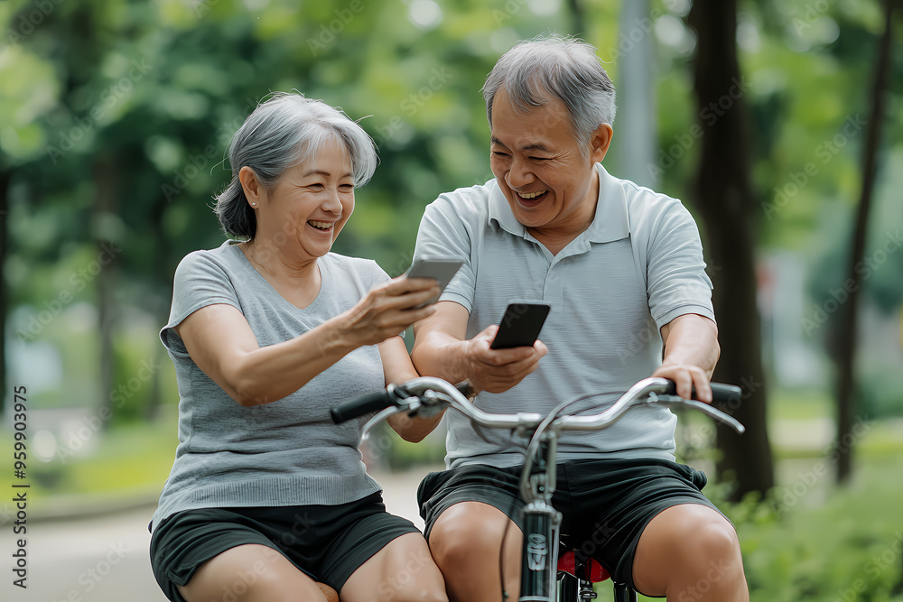 Obraz premium Asian couple enjoying a sunny bicycle ride while sharing a phone: