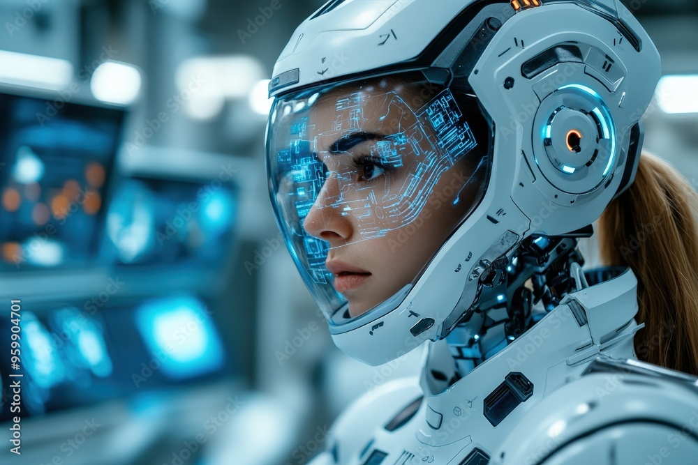 A woman wearing a cutting-edge robotic suit with holographic visor stands in a high-tech environment, showcasing advanced technology and cybernetic enhancements. A woman wearing a cutting-edge robotic suit with holographic visor stands in a high-tech environment, showcasing advanced technology and cybernetic enhancements.