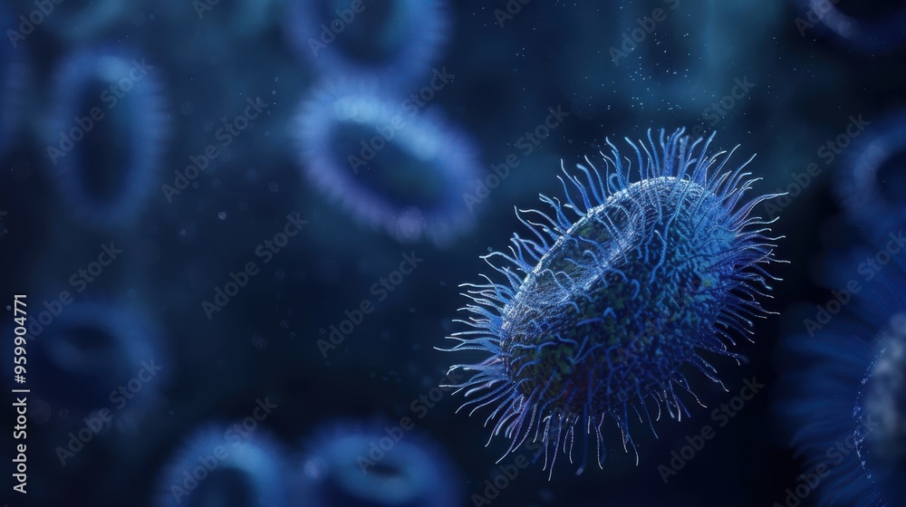 Microscopic visualization of oval-shaped viruses floating in a dark environment, representing a viral outbreak Microscopic visualization of oval-shaped viruses floating in a dark environment, representing a viral outbreak